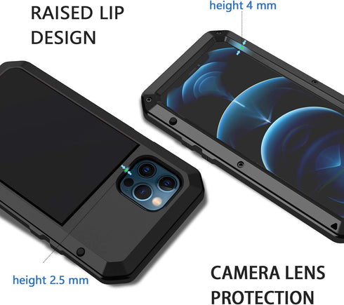 Lanhiem Metal Case for iPhone 12, Heavy Duty Shockproof Rugged Case with Built-in Glass Screen Protector (Black)