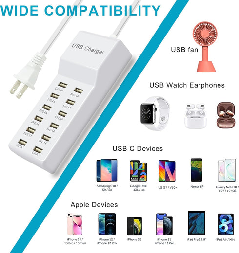 USB Charger, 12 Port USB Charging Station Hub with Fast Charging Wall Charger for Multiple Devices, Compatible with