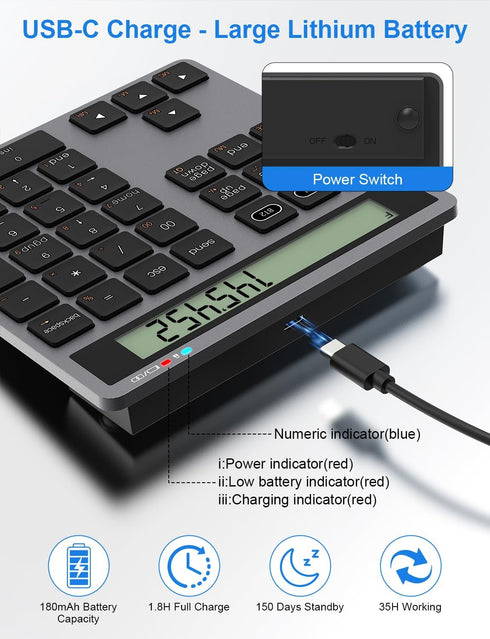 Tioleje 2-IN-1 34-Key Accounting 2in1 Rechargeable Bluetooth Number Pad with Display Calculator - Wireless & Wired