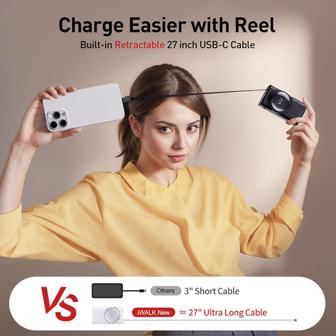 iWALK Reel Power Bank Built-in 2.3ft Retractable Cable, 10,000mAh PD 30W Fast Charging Portable Charger, 3-Output