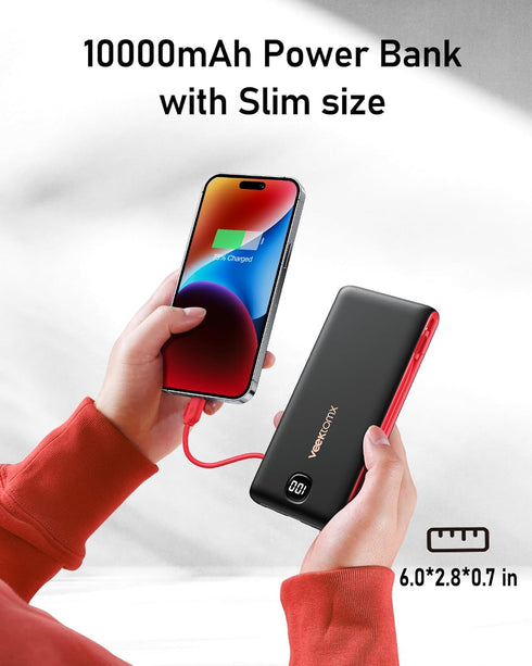VEEKTOMX Portable Charger 10000mAh with Built-in Cables, Fast Charging USB C Slim Battery Pack for iPhone and Samsung