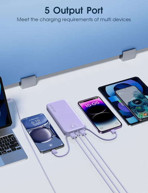 Portable Charger 12000mAh with Built-in Cable and AC Wall Plug, 22.5W Super Fast Charging for iPhone, Samsung, Tablets