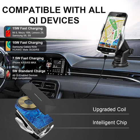 Car Phone Mount, Auto-Clamping Smart Sensor 10W Qi Fast Charging Holder for iPhone 12/12 Pro Max/Samsung S20, 4.7-6.7