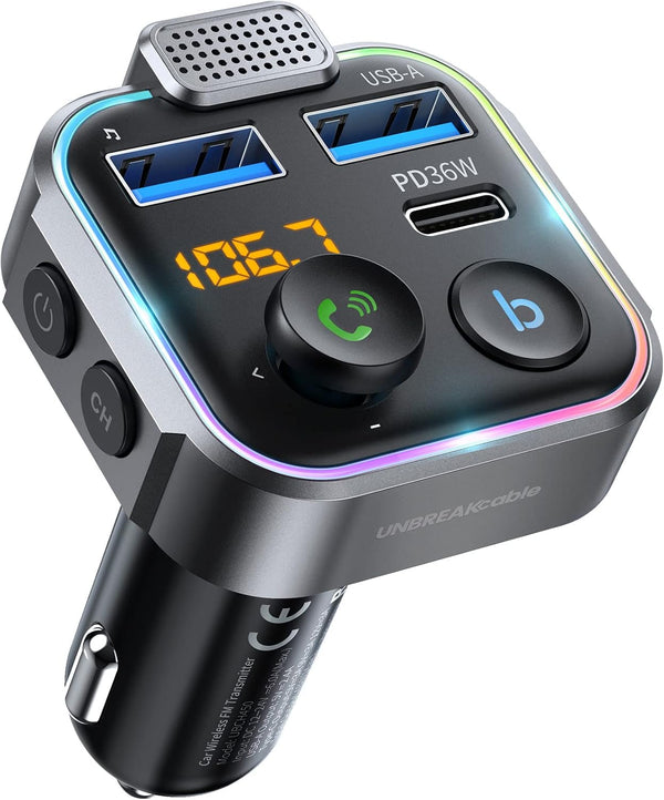UNBREAKcable Bluetooth FM Transmitter for Car, PD 38W Fast Charging, Wireless Adapter with Hands-Free Calls, HiFi Bass