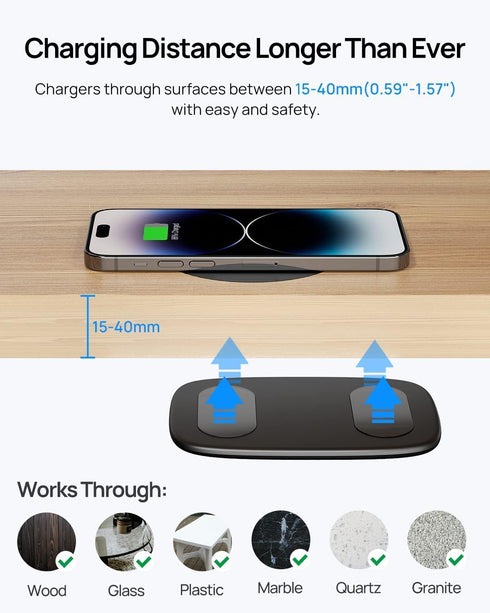 KPON Invisible Wireless Charger, 40MM(1.57") Wireless Charging Desk Mat Mouse Pad, Hidden Charging Station for iPhone