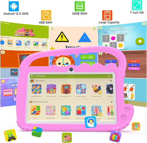 YQSAVIOR Kids Tablet 7 inch, Android 12 Tablet for Kids, 4GB RAM 32GB ROM, Bluetooth, IPS Screen, Parental Control,