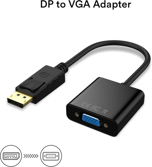 DP to VGA Adapter, Gold-Plated DisplayPort to VGA Converter, Male to Female 1080P