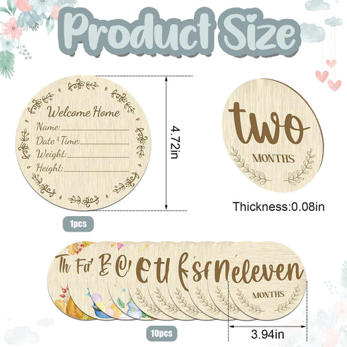 Threetols 11PCS Wooden Baby Monthly Milestone Cards Sign, Double Sided Newborn Photography Prop Pregnancy Journey Baby