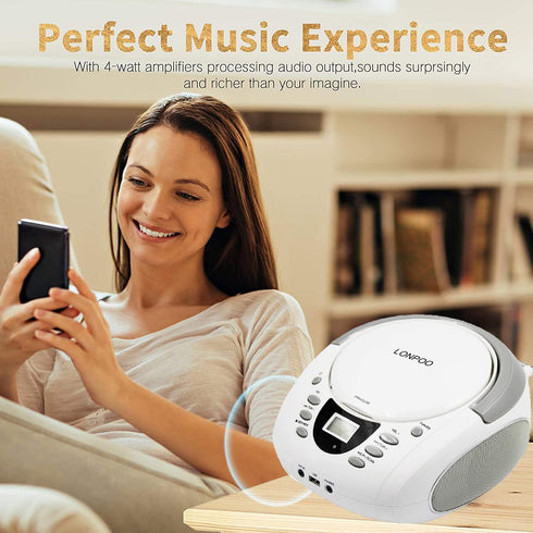 LONPOO CD Player Portable Boombox with FM Radio, USB, Bluetooth, AUX Input, Stereo Sound Speaker & Audio Player, White