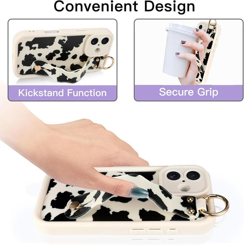Jefonha 16 Compatible with iPhone Case with Finger Hand Strap for Girls Women, Cute Funny Milk Cow Phone Case