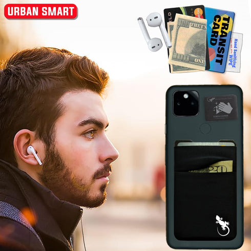 Double Pocket Gecko Phone Wallet - Smartphone Adhesive Card Holder, Mobile Stick on Spandex Pocket (BLACK-WHITE)