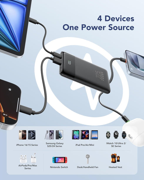 VEGER 22.5W 10000mAh Pack, 17 16 S25 Portable Charger, Ultra Slim Fast Charging with Built in Cable, Flight-Safe USB C