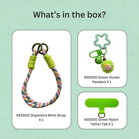 7mm Dopamine Vibes Universal Wrist Strap - Korean-Style Short Phone Lanyard with Cute Green Durain Charm, Rope, Trendy