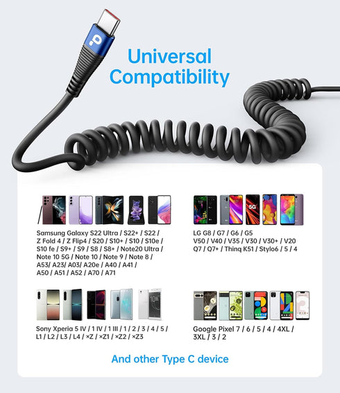 USB C Cable 3ft 2Pack, Coiled USB A to USB C Charge Cord for Car, Compatible with Samsung Galaxy S20/S10/S9/S8