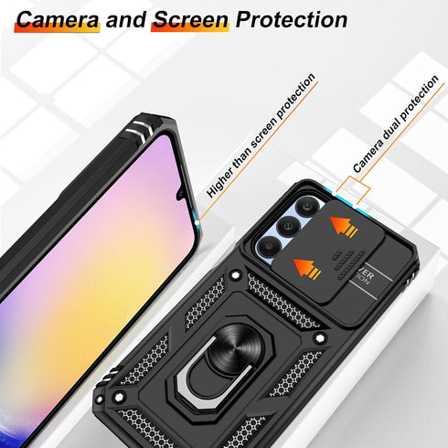 Samsung Galaxy A25 5G Case with Slide Camera Cover & Screen Protector*2, 360° Rotating Ring Kickstand, Military Grade