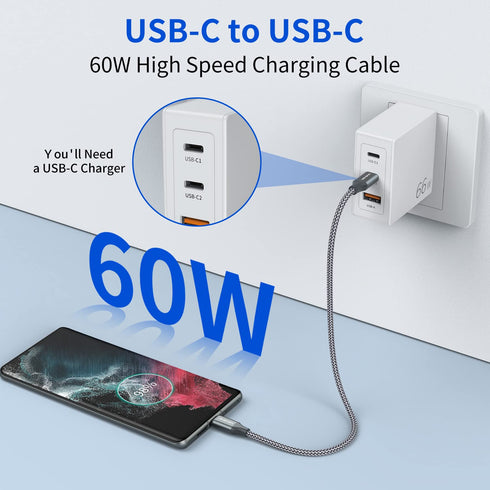 USB C to C Cable (3 Pack 1ft),Short USB Type C Fast Charging Nylon Braided Charger Cord Compatible with iPhone 15 15 Pro/15 Pro Max Android Samsung Galaxy S24 S23 S22,MacBook Pro, iPad Pro USB-C