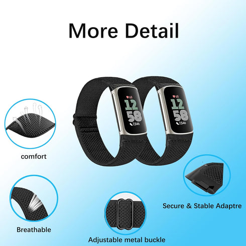 2 Pack Elastic Nylon Bands for Fitbit Charge 6 / Fitbit Charge 5, Classic Soft Breathable Adjustable Sport Smartwatch