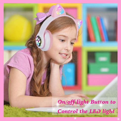 Wireless Headphones for Kids, Cat Ear LED Light Up Bluetooth Headphones with Microphone for