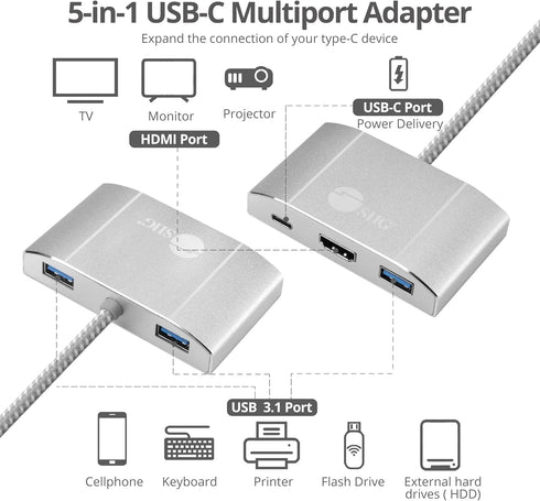 SIIG USB-C Hub with 4K 30hz HDMI, 85W Laptop Charging, 3X USB 3.1 Gen 1 Type A Ports