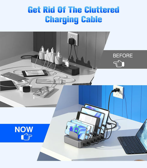 CREATIVE DESIGN 50W Charging Station, 6 Port Multiple USB Charger Station with 6 Cables for iPhone, iPad, Kindle, and