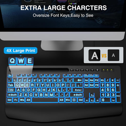 SABLUTE Large Print Backlit Computer Keyboards, Wired USB with 7-Color Backlit, Wrist Rest for Easy Typing