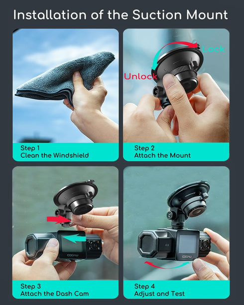 COOAU Car Dash Cam Mounting Bracket, Adjustable Suction Cup Mount for Dashboard Camera