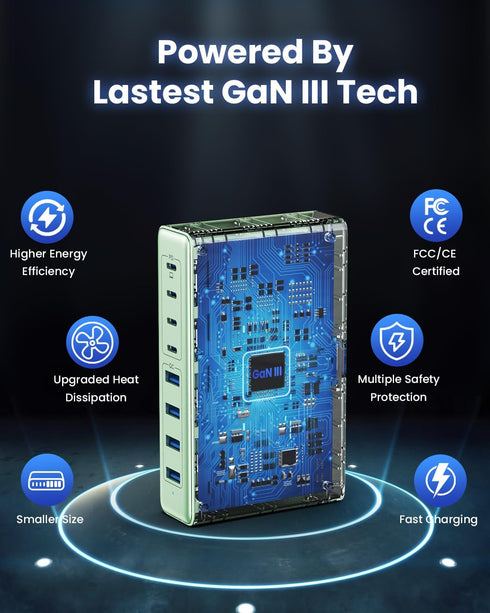 200W USB C Charger, GaN III 8-Ports Charging Station Hub, PD 65W Laptop Charger Compatible with MacBook Pro/Air, Green