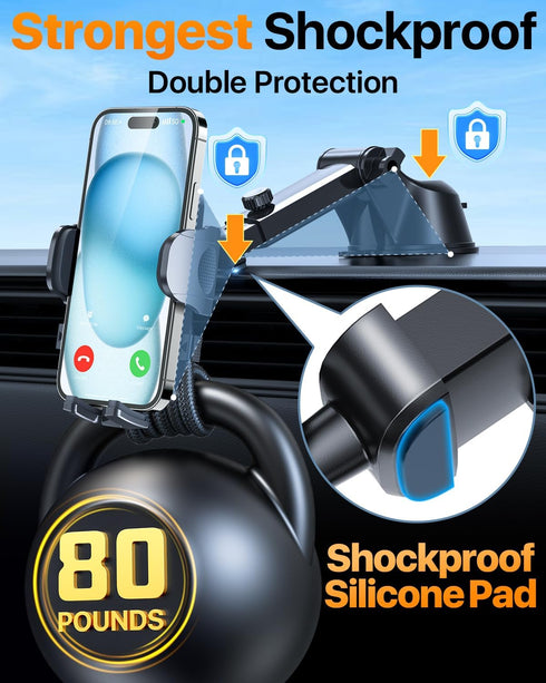 HTU 2024 Best Car Phone Holder Mount, Strongest Shockproof 5-in-1 Dashboard Stand for iPhone 16 15 Android