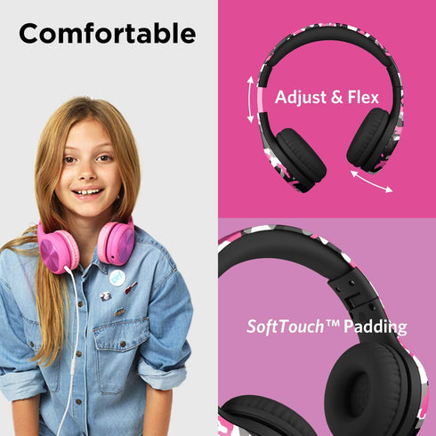 LilGadgets Connect+ Pro Wired Kids Headphones for School, Volume Limiting & Noise Cancelling - Pink Camo