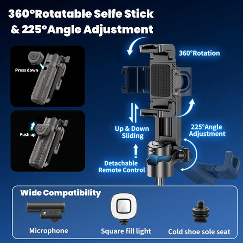 Busdebon 4-in-1 Selfie Sticks for iPhone, Multi-Functional Phone Tripod with Remote Control, Pocket-Sized Mini Selfie