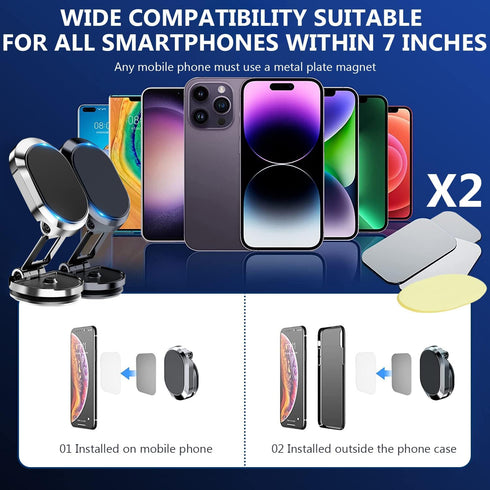 2 Pack Alloy Folding Magnetic Car Phone Holder, 360° Rotation Magnetic Cell Phone Holder for Car, Super Strong Magnet