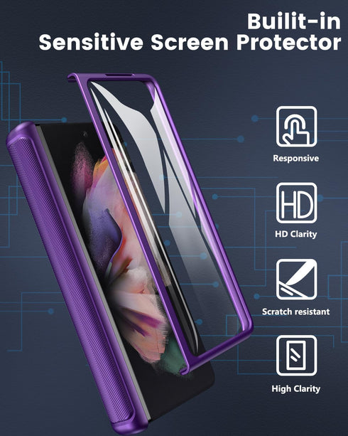 Viaotaily Dark Purple Case for Samsung Galaxy Z Fold 3 with Card Holder & Slide Camera Cover, Built-in Screen Protector