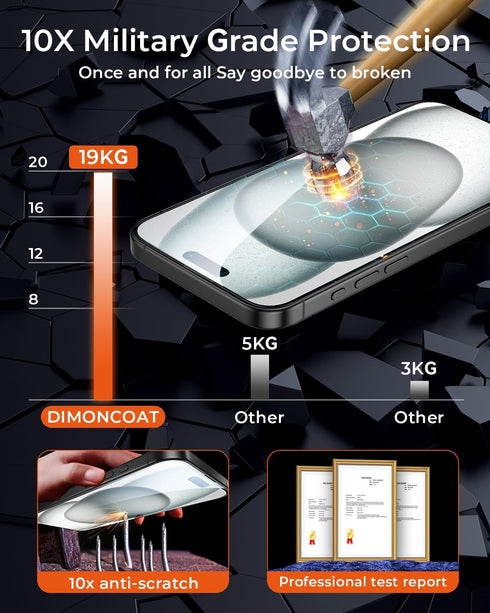 DIMONCOAT 4-PACK iPhone 15 Screen Protector, Auto Alignment Kit, Tempered Glass 10X Military Protection, Case Friendly