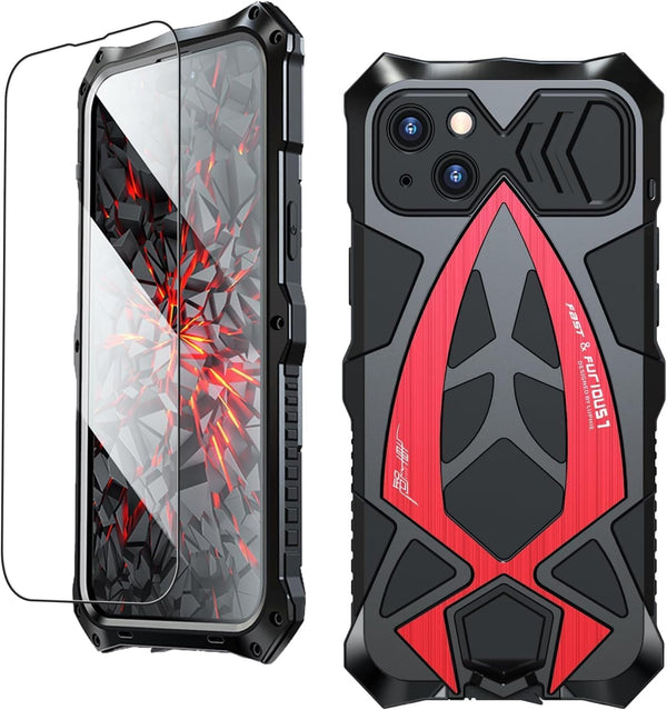 Armor Phone Case for iPhone 15, Military Grade 360 Full Protection, Heavy Duty Hybrid Metal Bumper - Red