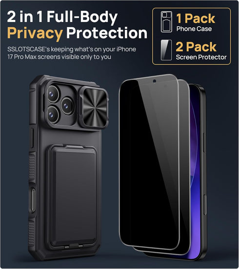 SSLOTSCASE 17 2X 17 6.9'', for iPhone Pro Max Case with Privacy Screen Protector, Card Holder & Sliding Lens Cover
