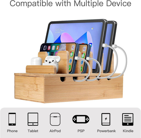 Bamboo Charging Station Organizer for Multiple Devices, Nightstand Bedside Desk Docking Charger for Laptops, Tablets,