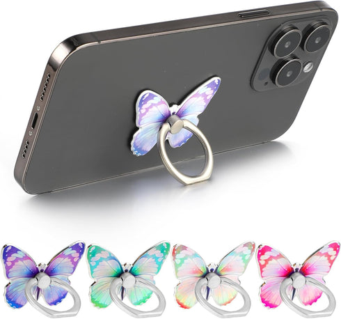 4Pcs Butterfly Phone Ring Stand, Colored Cute Butterfly Grip, Metal Cell Phone Finger Holder Compatible with Phones