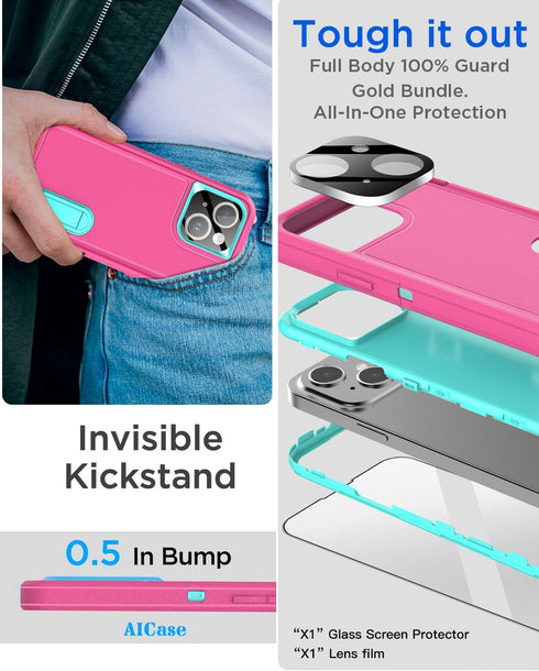 AICase iPhone 14 Heavy Duty Case with Kickstand, Glass Screen Protector & Camera Lens, Rugged Shockproof Protection.