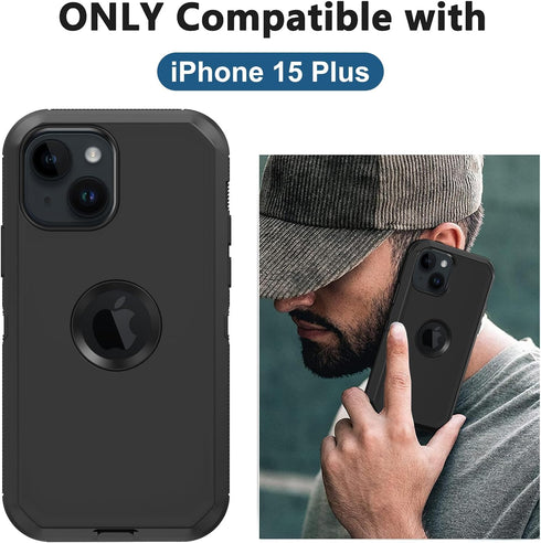 for iPhone 15 Plus Case, with Built in Screen Protector Heavy Duty Drop Protection, Full Body Rugged Shockproof Dust Proof Protective Phone Cover for Apple iPhone 15 Plus 6.7” Black