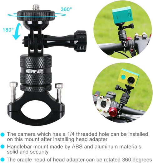 SUREWO Bike Mount for GoPro Hero 12/11/10/9/8/7/6/5 Black, Aluminum Handlebar Mount for Action Cameras