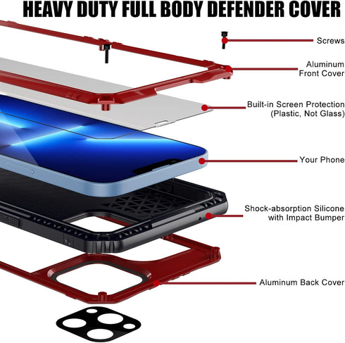 Mitywah Waterproof Case for iPhone 13 Pro Max, Heavy Duty Armor Metal Case, Shockproof Built-in Screen Protector, Red