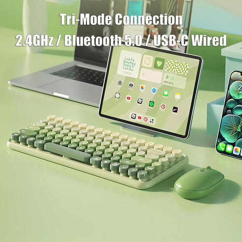 Typewriter Keyboard Wireless 2.4GHz/Bluetooth/USB-C, Rechargeable Membrane Gaming Keyboard, Matcha Green