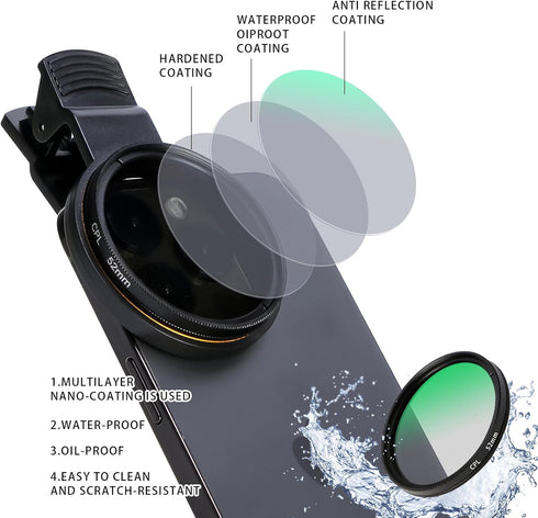 52MM Ultra Slim Circular Polarizer Filter, Multi-Coated CPL Lens Filter for iPhone 15/14/13/12/11 and Other Smartphones