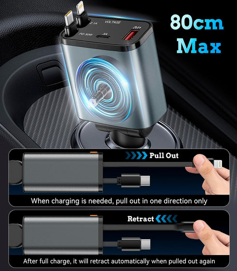 50W MP3 12V/24V PD Car Charger with Bluetooth FM, Retractable Type-C & Lightning Cables, Hands-Free Calling Kit, USB