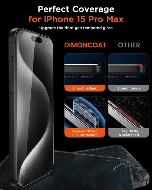 DIMONCOAT Privacy Screen Protector for iPhone 15 Pro Max - 4-Pack, 10X Military Protection, Auto Alignment, Case