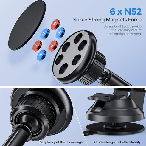 ORIbox Magnetic Phone Holder Car Mount with Adjustable Telescopic Arm, Strength Suction Cup, Compatible with All Phones