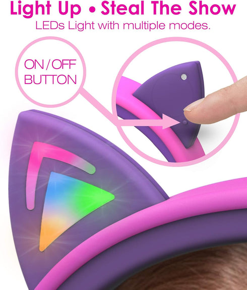FosPower Kids Headphones with LED Cat Ears, 85 dB Safe Volume, Tangle-Free Cables, Hot Pink/Purple for School/Travel.