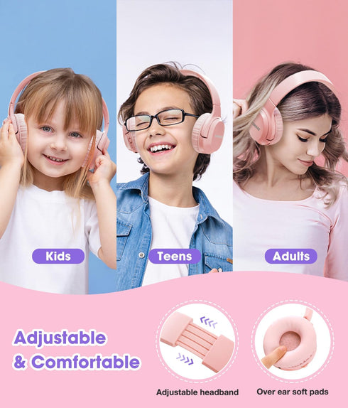 Kids Wireless Headphones 60H, Foldable On Ear Headphone with MIC, Volume Limiter 85dB/94dB for School, Pink