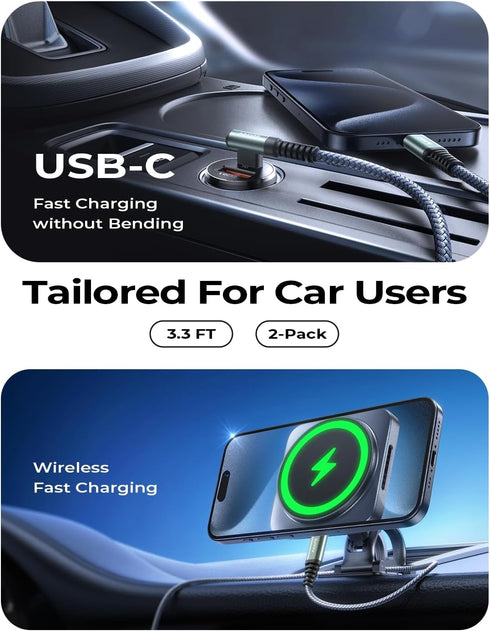 AINOPE 3.3FT Right Angle USB C to USB C Cable 60W 2 Pack for iPhone 15 Pro Max, Samsung, iPad Pro, Android Fast