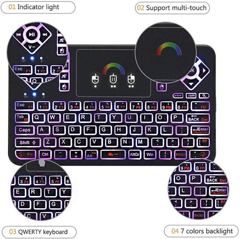 Mini Wireless Keyboard Q9 with Touchpad, Colorful Backlit, Rechargeable Handheld Remote for PC, Raspberry Pi 4, Android